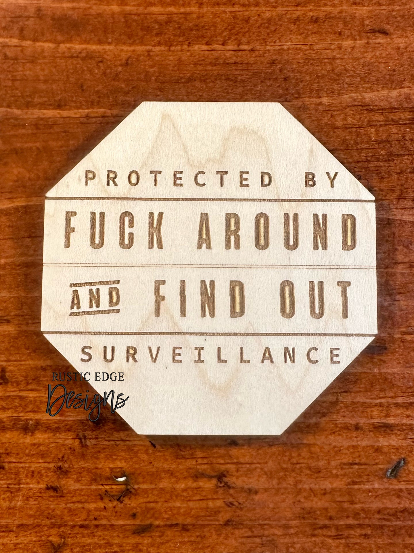 Protected By Fuck Around and Find Out Surveillance Wood Sign