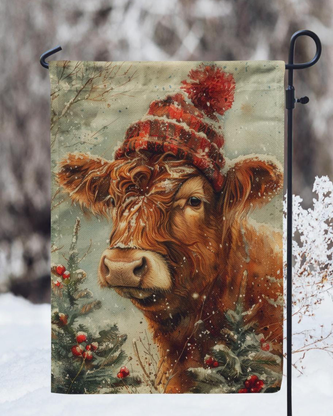 Winter Highland Cow Garden Flag