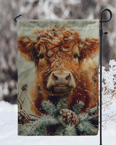 Winter Highland Cow Garden Flag