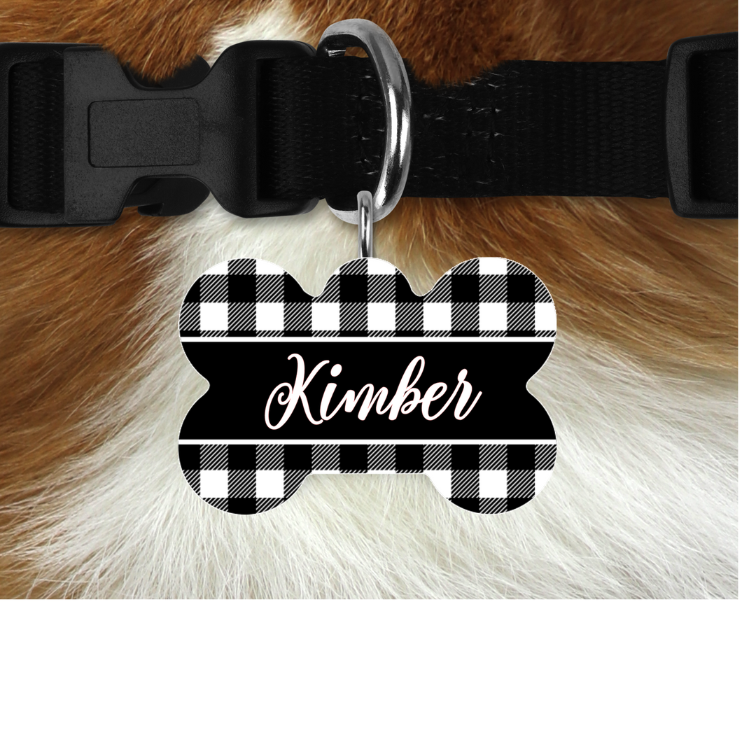 White & Black Buffalo Plaid Customizable Pet Tag