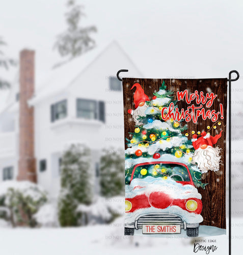 Merry Christmas Gnome & Red Truck Customizable Garden Flag