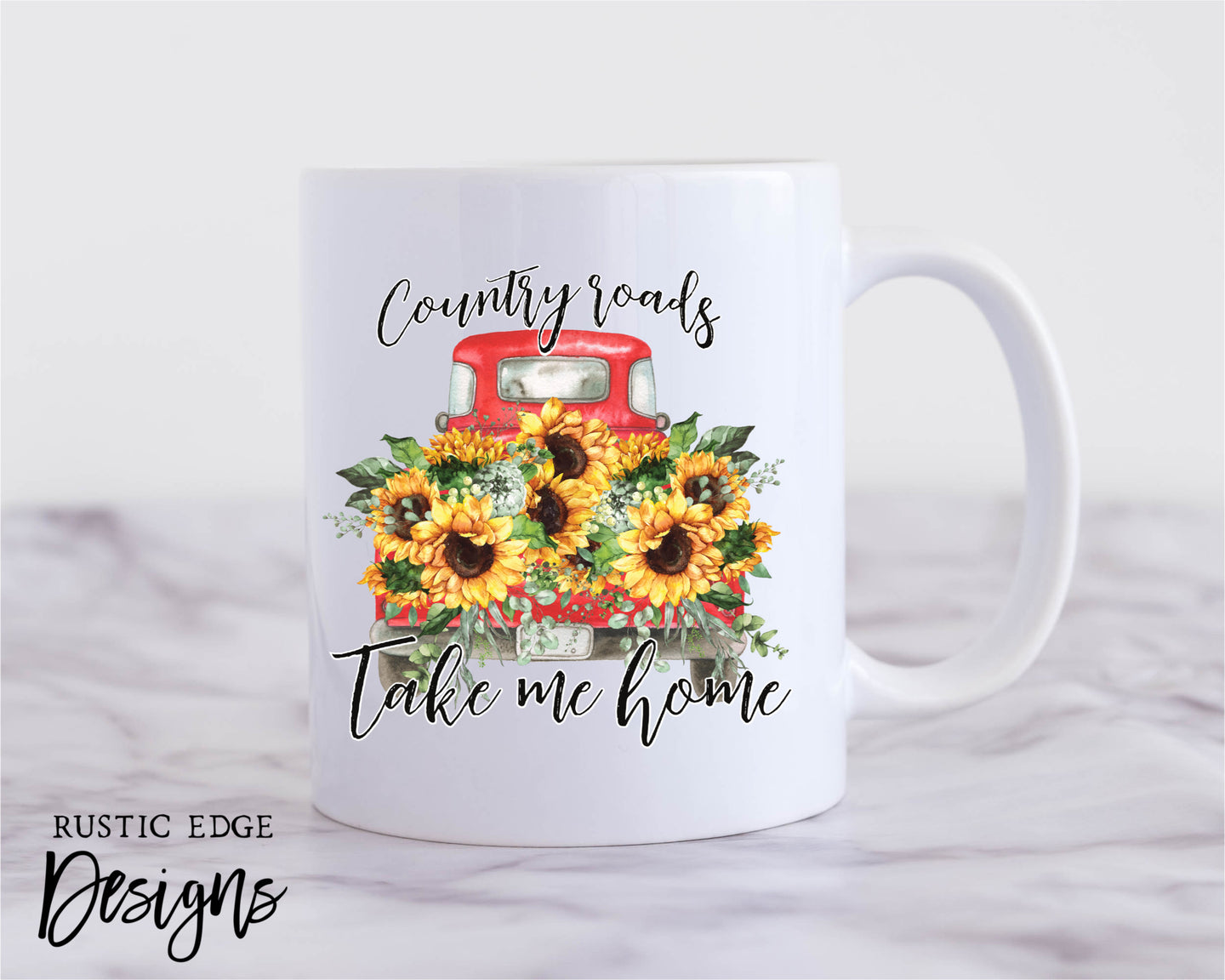 Country Roads Take Me Home Sunflower & Red Truck Mug