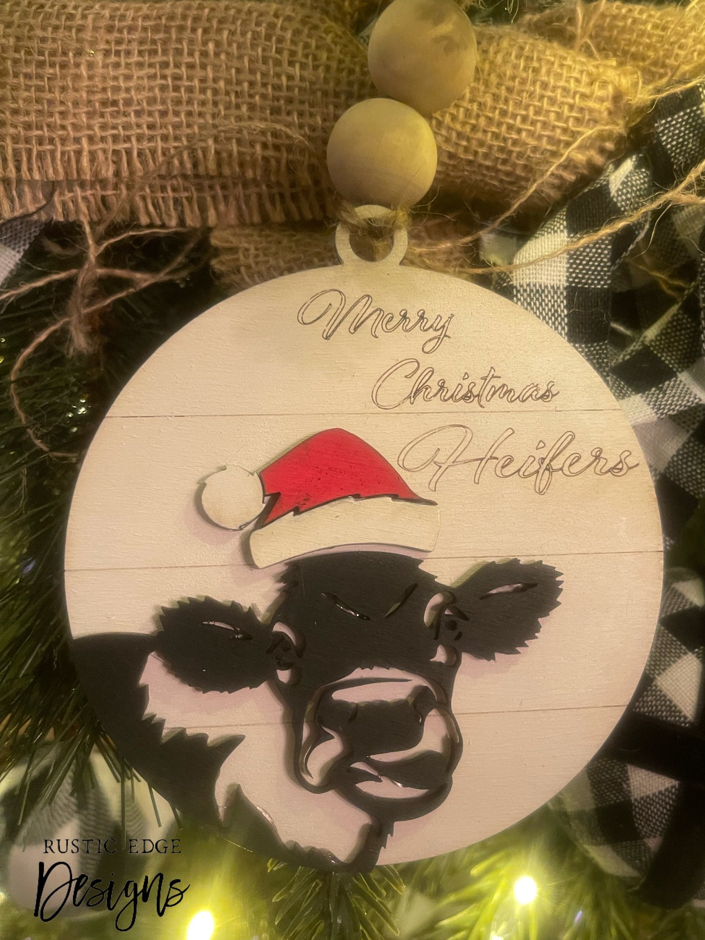 Merry Christmas Heifer Wooden Ornament