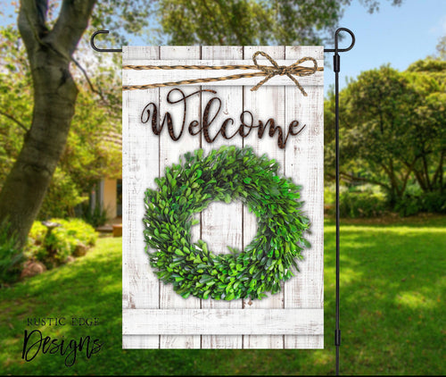 Boxwood Wreath Welcome Garden Flag
