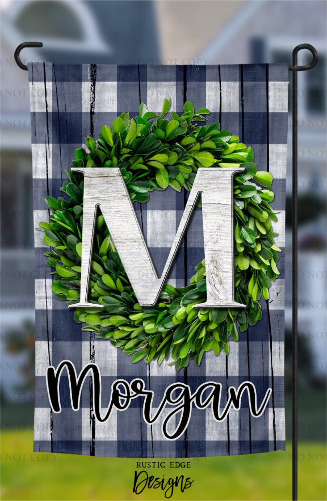 Boxwood Wreath Buffalo Plaid Customizable Garden Flag