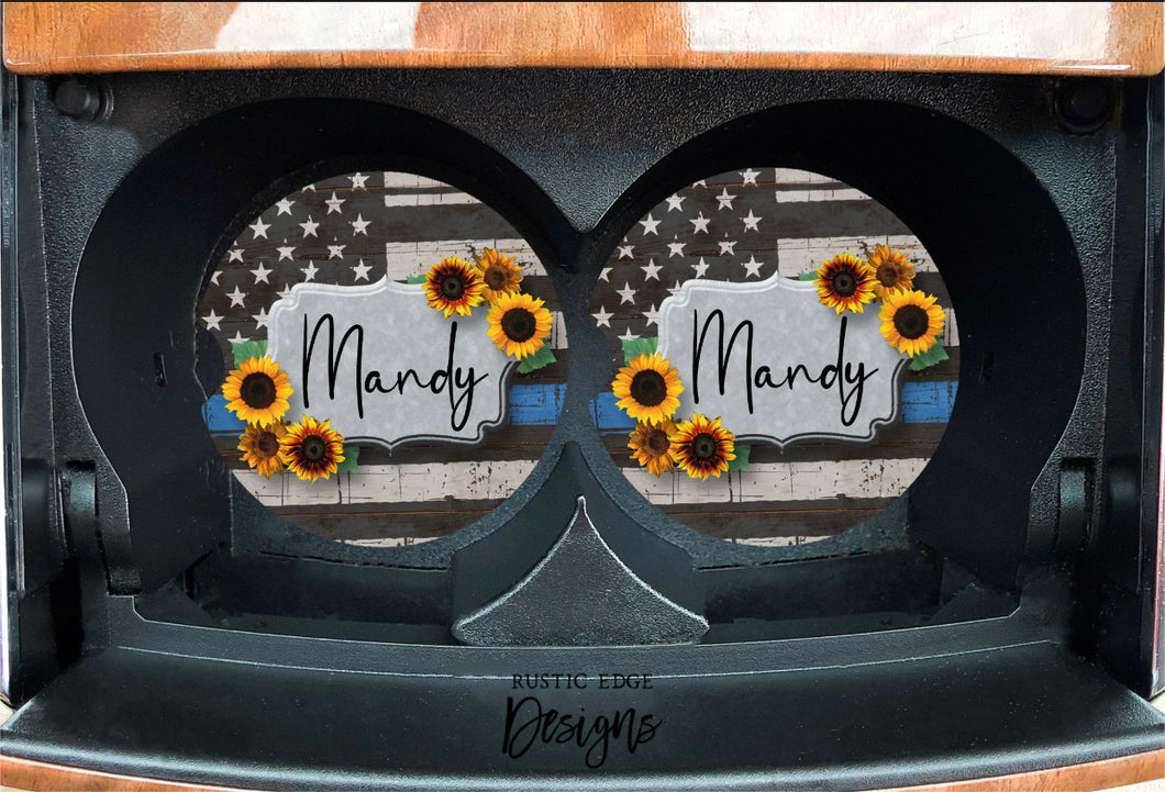 Thin Blue Line Sunflower Car Coasters