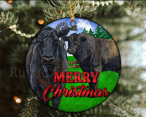 Merry Christmas Black Angus Bull Ornament