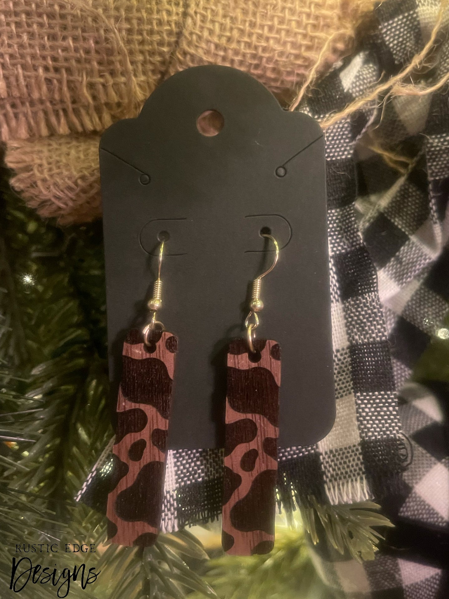 Wooden Cowhide Rectangle Earrings