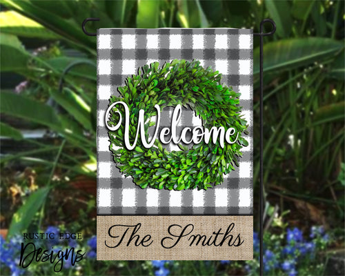 Boxwood Wreath Buffalo Plaid Personalized Garden Flag