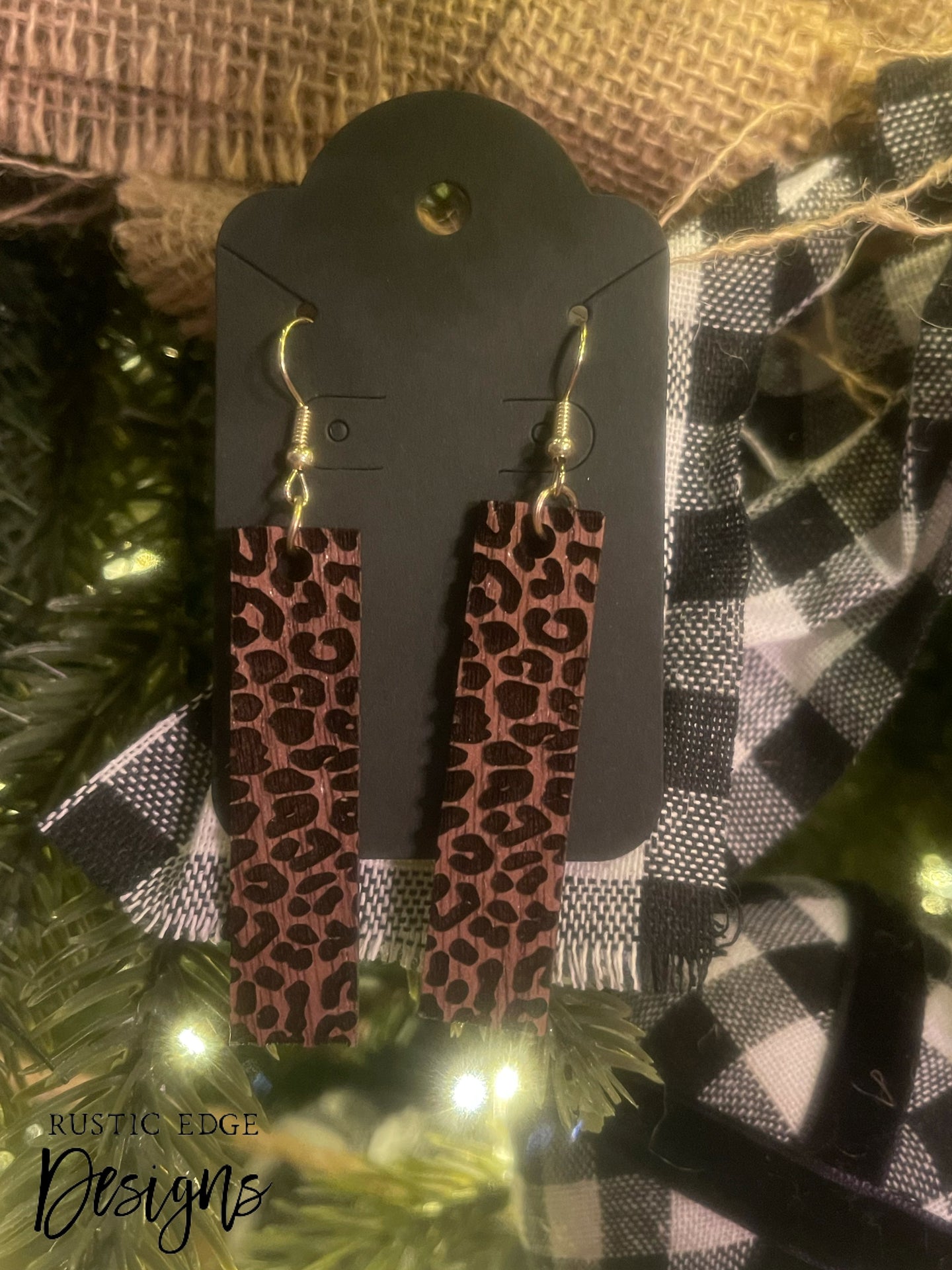 Wooden Rectangle Leopard Print Earrings