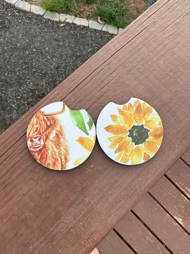 Highland Cow & Sunflower Car Coaster