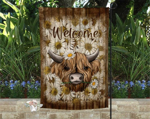 Highland Cow Daisy Garden Flag