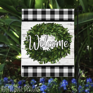 Welcome Buffalo Check Wreath Garden Flag