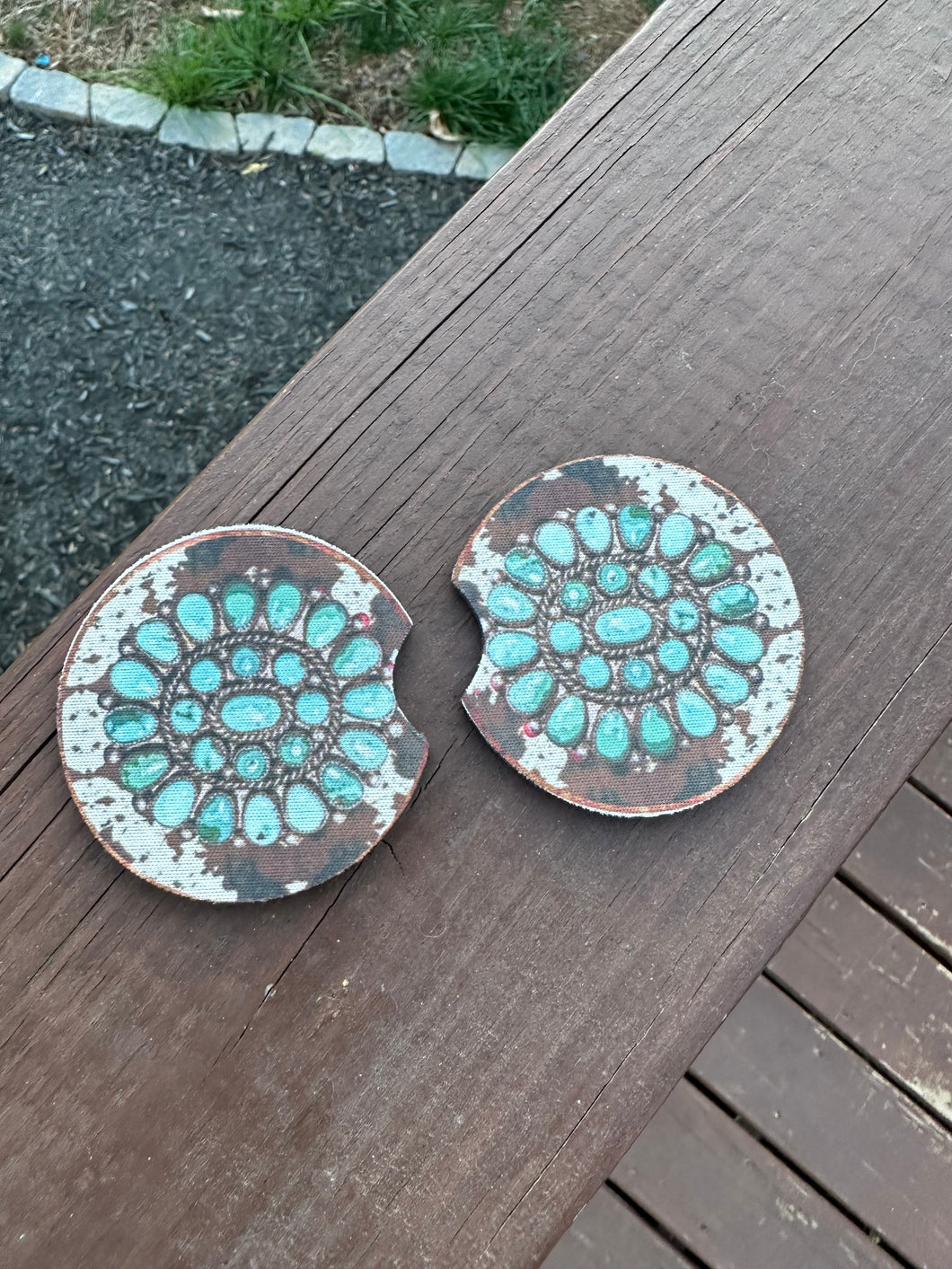 Cowhide & Turquoise Car Coaster